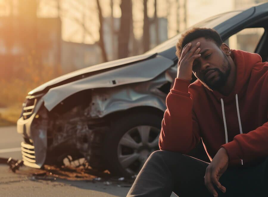 Injured man after car accident, holding his head.